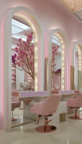 well-stocked luxury makeup store interior of beauty salon pleasant atmosphere excellent luxury lighting delicious aroma in it counters with shadows and makeup, mirrors with lights and hairdressing cha