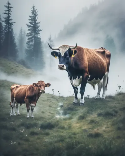 Create a suspenseful scene where an alpine cow encounters a mysterious creature in the foggy alpine meadows.,allgäu brown cattle,mountain cows,two cows,simmental cattle,holstein cattle,alpine cow,cow 