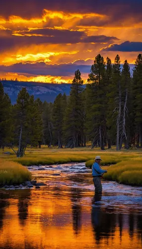 Fly fishing on the river at sunset at Firehole Ranch in Western Yellowstone, Montana,sunset over the golf course,colorado,lake santa fe,wyoming,golf landscape,yellowstone,salt meadows,idaho,snake rive