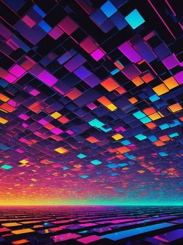 Low-angle shot, close-up, 8-bit pixel art style, colorful digital illustration, abstract background, grid pattern, tiny squares, retro aesthetic, bright neon lights, futuristic cyberpunk vibe, compute