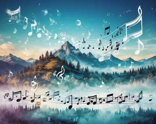 Music notes create a magical and interesting landscape picture,musical background,music background,musical notes,music notes,music border,music fantasy,music,music note,music sheets,musical note,music