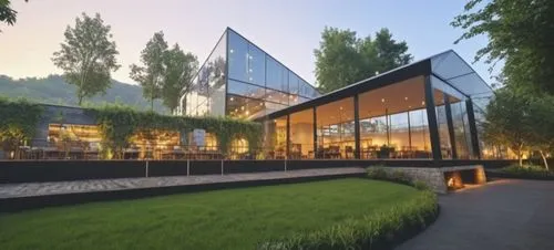 glass facade,hahnenfu greenhouse,modern house,glasshouse,glass building,modern architecture,cubic house,mirror house,glass facades,revit,snohetta,3d rendering,pavillon,gensler,landscaped,cube house,prefab,glass wall,forest house,richemont,Photography,General,Realistic