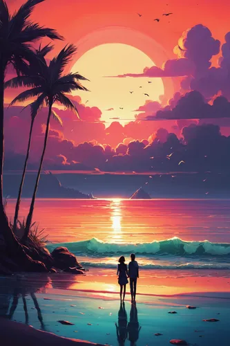 dream beach,loving couple sunrise,tropics,sunset beach,beach landscape,romantic scene,sunset,vintage couple silhouette,ocean paradise,coast sunset,landscape background,summer background,tropical beach,beach scenery,couple silhouette,tropical sea,palmtrees,beach background,dusk background,ocean background,Conceptual Art,Fantasy,Fantasy 21