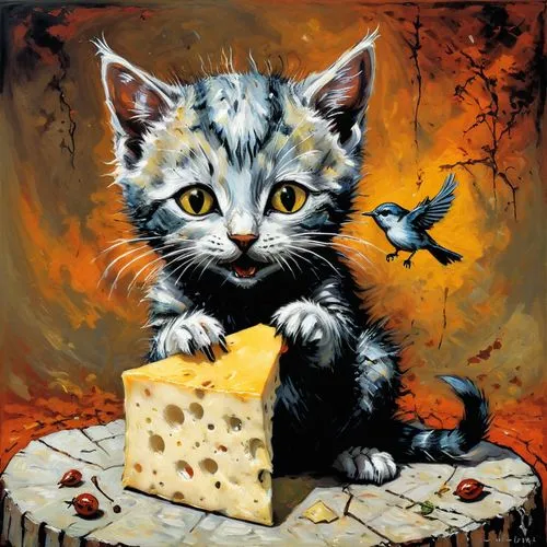 Котенок кормит маленькую  птичку сыром,a painting of a cat that is holding a cheese board,padano,catano,cheddar,jarlsberg,gouda,fontina,Illustration,Realistic Fantasy,Realistic Fantasy 33