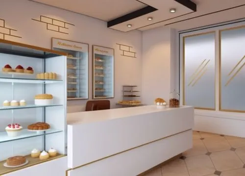 kitchen shop,pastry shop,watercolor tea shop,bakery,cosmetics counter,patisserie,bakeshop,servery,ice cream shop,kitchen design,cake shop,pantry,gold bar shop,teashop,soap shop,modern kitchen interior,bakery products,3d rendering,patisseries,confectioneries,Photography,General,Realistic