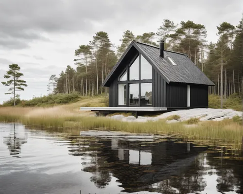 two oak brown wood and white finnish summer house with black gabled roof, big and small, sauna by the ocean with modern architect and finnish landscape,inverted cottage,floating huts,house by the wate