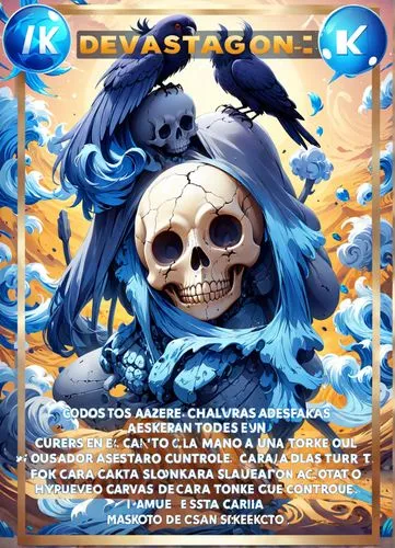 
CUERVO SOBRE CALAVERA EN UN DESIERTO EN AZUL,the cover for devil's plague, featuring a skeleton with blue hair and a skull wearing,cd cover,kiriasis,khakrez,revelator,garrison,retaliate,Anime,Anime,R