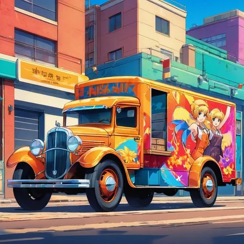 food truck,day of the dead truck,delivery truck,school bus,retro vehicle,battery food truck,cartoon car,cybertruck,city bus,malasada,cheese truckle,kei truck,ice cream van,bus,delivery trucks,retro diner,truck,easter truck,omnibus,cartoon video game background,Illustration,Japanese style,Japanese Style 03