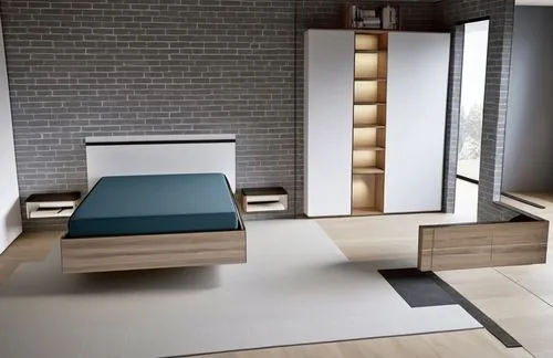 Stanza da letto moderna in bianco e nero, con le seguenti caratteristiche e quote:

Dimensioni della stanza: 387 cm di larghezza per 344 cm di profondità.
Letto contenitore sospeso: Posizionato sul la