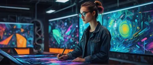 girl at the computer,girl studying,computer art,sci fiction illustration,women in technology,world digital painting,cyberpunk,computer addiction,computer room,working space,painting technique,neon human resources,blur office background,computer,digiart,digital compositing,computer graphics,night administrator,man with a computer,illustrator,Illustration,Children,Children 03