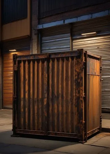 Urban, modern, sleek, industrial-style dumpster enclosure, galvanized steel frame, corrugated metal sheets, rusted patina, urban alleyway, dim lighting, wet pavement, cityscape background, night scene