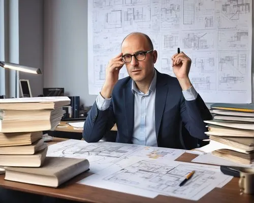 Modern architect, middle-aged man, balding, glasses, formal wear, suit, tie, sitting at a desk, surrounded by books, diagrams, and computer screens, making design decisions in software architecture, g