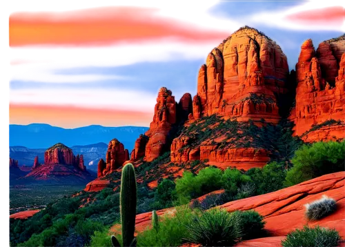 Sedona landscape, red rock formations, sunset glow, warm light, gentle shadows, majestic views, panoramic view, 3/4 composition, soft focus, vibrant colors, natural texture, rocky terrain, cacti, blue