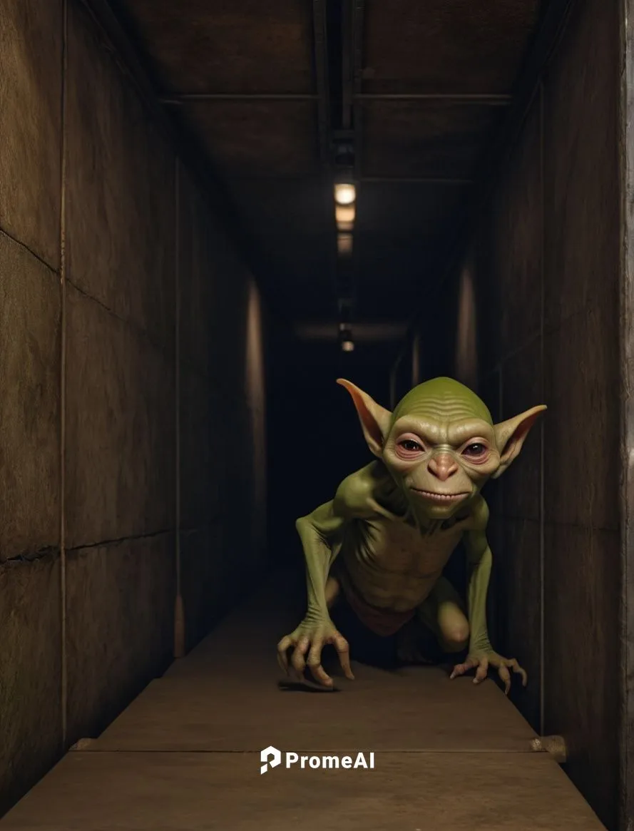 goblin holding morgenster, looking at gap in the ceiling, underground corridor,goblin,fgoblin,yoda,kobold,ogre,scandia gnome,hallway,action-adventure game,3d rendered,green goblin,frog man,running fro