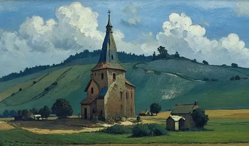 painting in the style of Vincent van Gogh,painting of an old church on the side of the road,church painting,koester,benton,fredric church,pechstein,blanchfield,Photography,General,Realistic