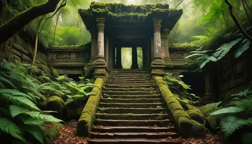 the mystical path,yavin,lost place,ancient house,abandoned place,sanctum,lostplace,fantasy picture,the threshold of the house,ancients,ancient ruins,hall of the fallen,lost places,world digital painting,abandoned places,the path,labyrinthian,shaoming,ancient city,asian architecture,Illustration,Paper based,Paper Based 13