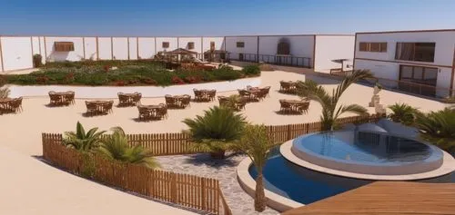 renderiza la siguiente imagen con sompras y demas pero guardando la idea principal no lo mejores ni nada solo rendelizalo ,residencial,3d rendering,roof terrace,courtyards,djerba,terraza,masseria,cour