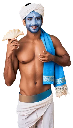 Krishna, Indian god, blue skin, crown, earrings, necklace, sacred thread, white dhoti, bare chest, muscular arms, holding conch shell, lotus flower, gentle smile, serene expression, soft focus, warm l