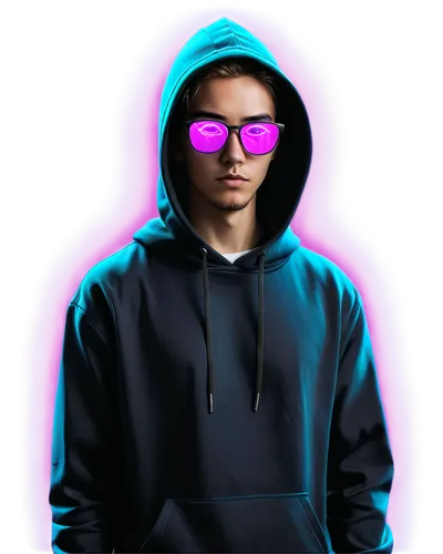 Dark, mysterious, cyberpunk, futuristic, neon lights, glitch art, abstract shapes, complex networks, coding screens, hacker character, hoodie, glasses, glowing eyes, dark room, single spotlight, high 