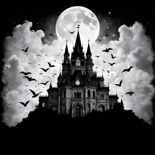 Keep the original details,black and white po of castle with bats flying in front of it,haunted cathedral,halloween background,gothic style,gothic,ravenloft,witch house