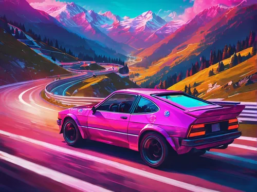 3d car wallpaper,toyota ae85,80s,80's design,retro background,alpine drive,neon arrows,drift,retro car,retro vehicle,pink car,toyota supra,mountain highway,pink vector,art background,mountain pass,camaro,racing road,supra,wallpaper,Conceptual Art,Sci-Fi,Sci-Fi 27