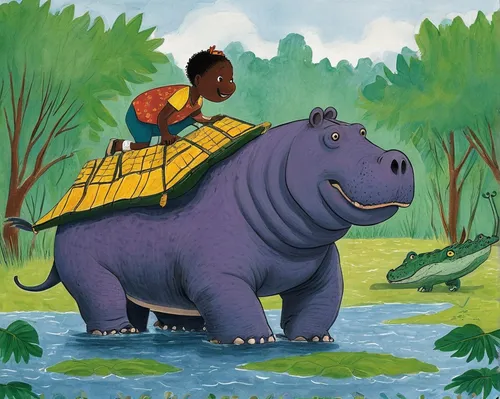 Illustrate a thrilling adventure where a hippo saves its friends from a crocodile in the wild.,hippopotamus,elephant ride,hippo,uganda,tanzania,rhinoceros,book illustration,rwanda,black rhinoceros,mis