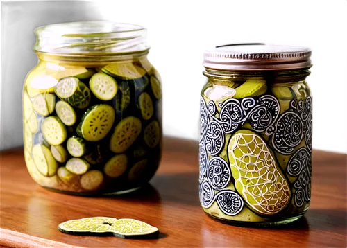 Cute pickle, various sizes, green and yellow skin, detailed wrinkles, juicy flesh, glass jar, metal lid, wooden table, morning sunlight, shallow depth of field, soft focus, 3/4 composition, warm color