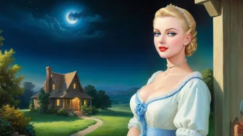 Romantic masterpiece oil painting, beautiful curvy busty woman portrait, silk midwife dress, nostalgic 1950's style kitsch, breathtaking beautiful epic vast American Midwestern landscape, little house