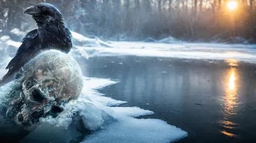 a crow sitting on a piece of dead body of ice with the sun setting in the background,russian imperial eagle,king of the ravens,black crow,giant sea eagle,mongolian eagle,mourning swan