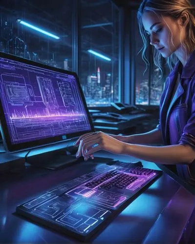 women in technology,girl at the computer,night administrator,sci fiction illustration,technology touch screen,cg artwork,neon human resources,computer,technology of the future,digital compositing,computer business,computer graphics,computer program,tech trends,computer screen,computer system,cyber,man with a computer,the computer screen,game illustration,Unique,Design,Blueprint