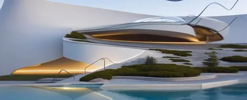 DISEÑO EXTERIOR DE UNA RESIDENCIA ESTILO FUTURISTA CON FORMA ESPACAIL ORGANICA, CON UN AMPLIO VENTANAL DE CRISTAL AL FRENTA, CON VISTA AL MAS, RODEADA DE VEGETACIÓN EXUBERANTE, CORRECION DE ERRORES, P