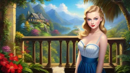 Romantic masterpiece oil painting, beautiful girl portrait, nostalgic 1950's style kitsch, vibrant rainforest, mountaintop cottage landscape, lush tropical jungle paradise, beautiful natural scenery, 