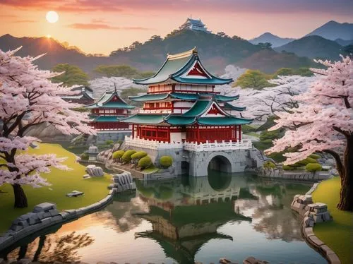 Himeji Castle, Lego architecture, majestic, Japanese-inspired, medieval-style, white walls, red roofs, intricate stone carvings, grand entrance gates, towering spires, ornate bridges, cherry blossom t