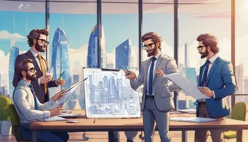 Architecture, modern building, skyscraper, cityscape, urban planning, male architect, 30s, professional attire, glasses, messy hair, beard, holding blueprint, standing, pointing, discussing with colle