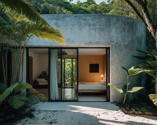 (a view from a bedroom:1.3), unsplash contest winner, modernism, mexico tulum, subtle detailing, beautiful house on a forest path, glass openings, stucco walls, olivia de bernardinis, maya, ignant, be