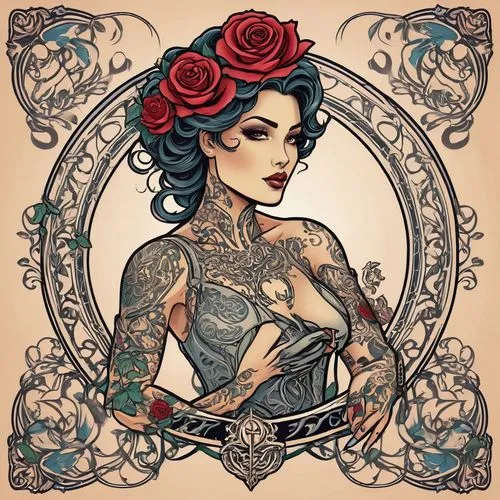 baroness,tattoo girl,victoriana,watercolor pin up,rose flower illustration,victorian lady,bella rosa,rasputina,valentine pin up,tattooist,rosson,widow flower,viveros,porcelain rose,arrow rose,chicana,sleeves,monami,noble rose,old rose,Illustration,Retro,Retro 13