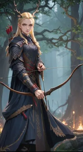 A tall women, elegant archer with long, blonde hair, wearing dark armor adorned with scale-like patterns for protection. she holds a drawn bow, ready to strike, with arrows strapped to her back, showc