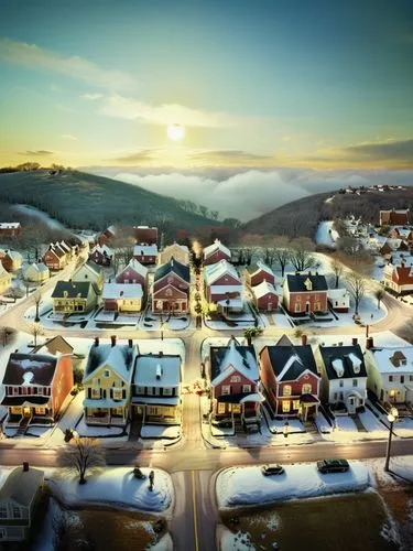 an aerial view of a town is shown in the evening,korean village snow,ellicottville,winter village,frostburg,tremblant,clearfield,Illustration,Children,Children 05