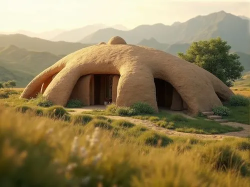 Earth architecture, sustainable building, natural material, rammed earth structure, sturdy texture, brown color tone, eco-friendly, environmentally conscious, rural setting, rolling hills, greenery su