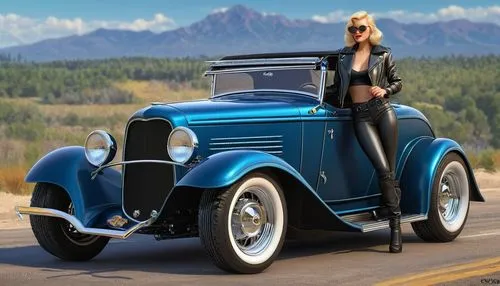 1932-ford-custom-zz-top-eliminatorو woman, oval face, blond, sharp  eyebrow, almond eyes, blue eyes, wide lips, triangle body shape,  wearing black leather jacket (open chest) and short leather leggin