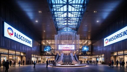 Futuristic transportation hub, sleek metallic fa\u00e7ade, neon-lit signage, dynamic LED displays, angular lines, minimalist design, high-tech materials, aerodynamic shapes, transparent glass walls, c