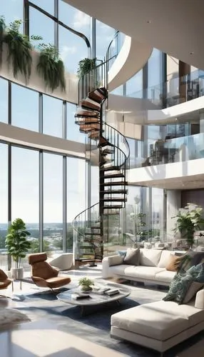 Luxurious modern dolezal architecture, sleek lines, minimal ornamentation, large glass windows, sliding doors, open floor plan, high ceilings, marble floors, wooden accents, elegant spiral staircase, 