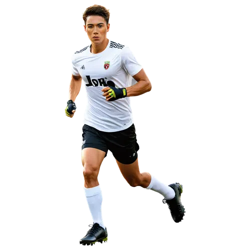 Male athlete, football player, muscular body, messy short hair, sweaty face, focused expression, white jersey with number 10, black shorts, shin guards, soccer cleats, running pose, dynamic movement, 