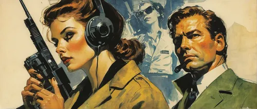 In a top-secret espionage operation, two spies communicate covertly using walkie talkies to execute their mission.,italian poster,film poster,telephone operator,two-way radio,spy visual,vintage man an