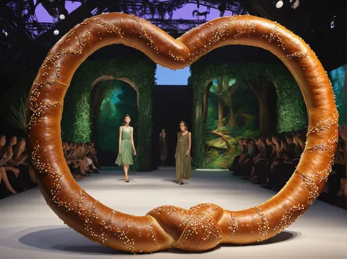 Transport your readers to an enchanting fantasy land, where a giant pretzel is a magical artifact.,waldbühne,stage design,pâtisserie,open air theatre,true love symbol,fairytale,theater curtain,a fairy