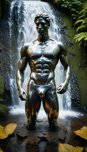 a statue made by Richard Hunt of a submerged young exotic Kolumbien top Model muscular  man,  wearing waterfall acrylic gloss ibehance Silber contest winner, neoclassicism, puzzle art, mythology artwo