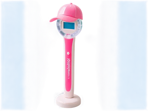 Pregnancy test device, white plastic, curved shape, pink cap, transparent window, two lines or plus sign, simple background, close-up shot, soft lighting, shallow depth of field, pastel color tone, pr