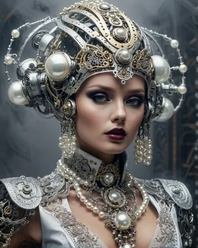 steampunk,headpiece,the carnival of venice,headdress,gothic fashion,the enchantress,venetian mask,steampunk gears,imperial crown,bridal accessory,fantasy art,priestess,adornments,fantasy woman,miss circassian,bridal jewelry,indian headdress,fantasy portrait,victorian lady,asian costume