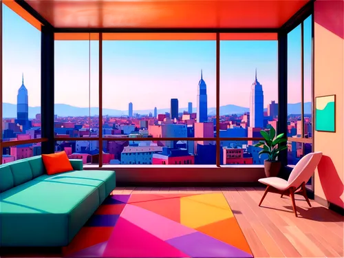 sky apartment,livingroom,colorful city,modern room,apartment,living room,an apartment,cityscape,apartment lounge,radiosity,saturated colors,virtual landscape,roominess,lowpoly,3d background,loft,aesthetic,cityview,low poly,study room,Conceptual Art,Oil color,Oil Color 25