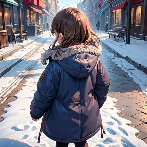 girl walking away,winter background,kumiko,parka,in the snow,shumeiko,Anime,Anime,General